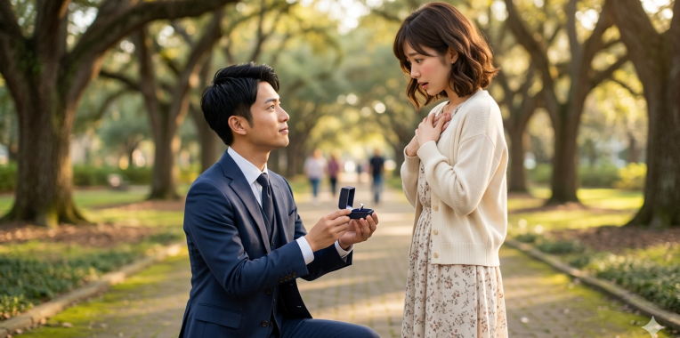受け身女性がプロポーズされている場面